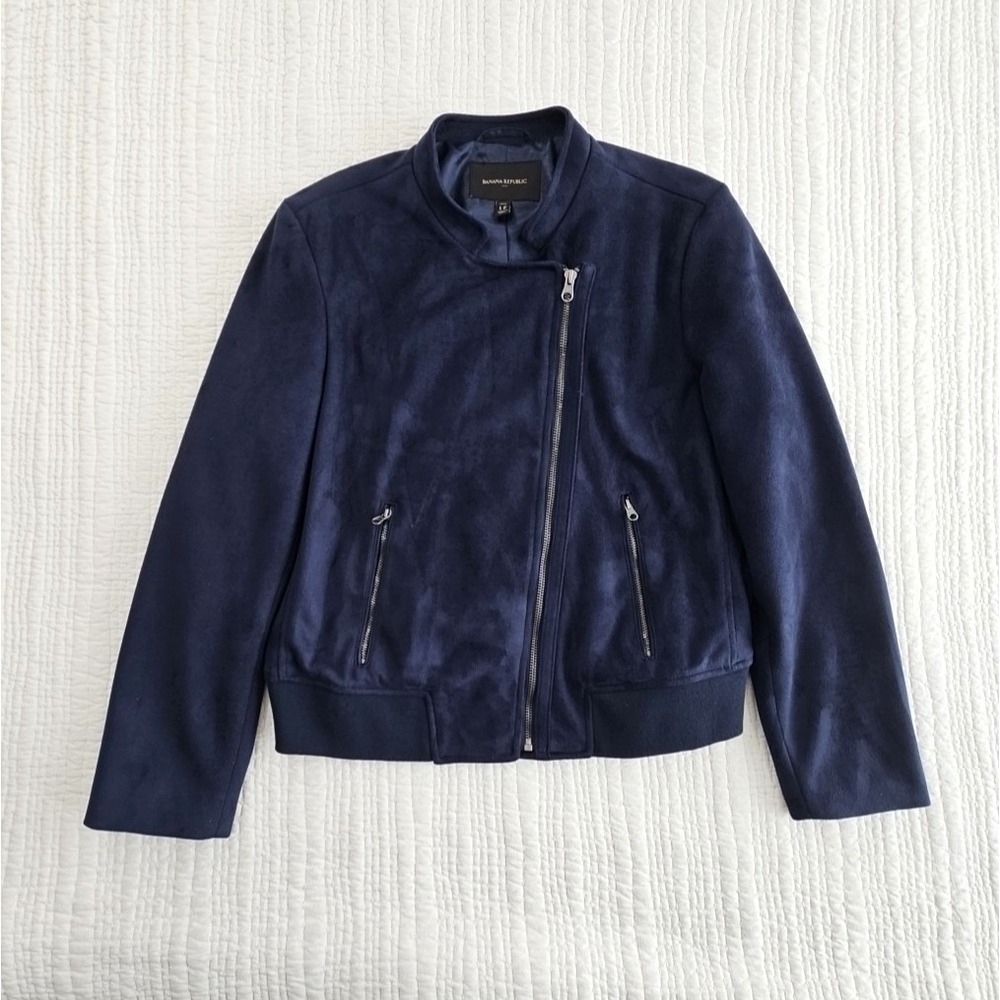Banana Republic Vegan Suede Jacket Women's L Petite Navy Blue Full Zip Rib Trim